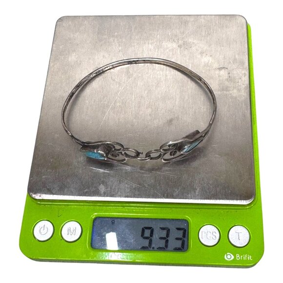 Vintage Mexican Sterling Silver Turquoise Cuff Bracelet Scroll Bangle Southwest - Picture 5 of 8